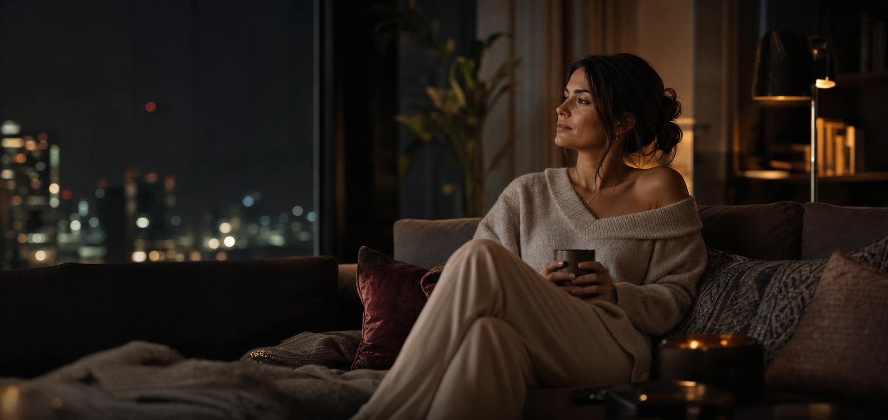 A woman relaxing alone on a sofa at night in a quiet apartment.